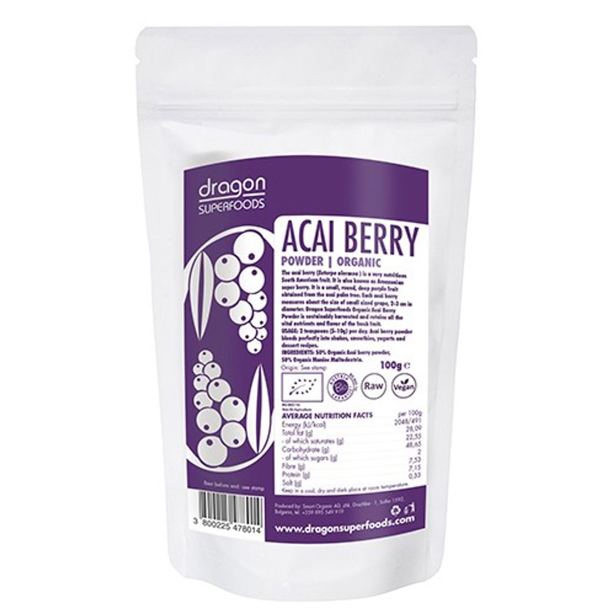 Acai bær pulver Økologisk - 75 gram - Dragon Superfoods