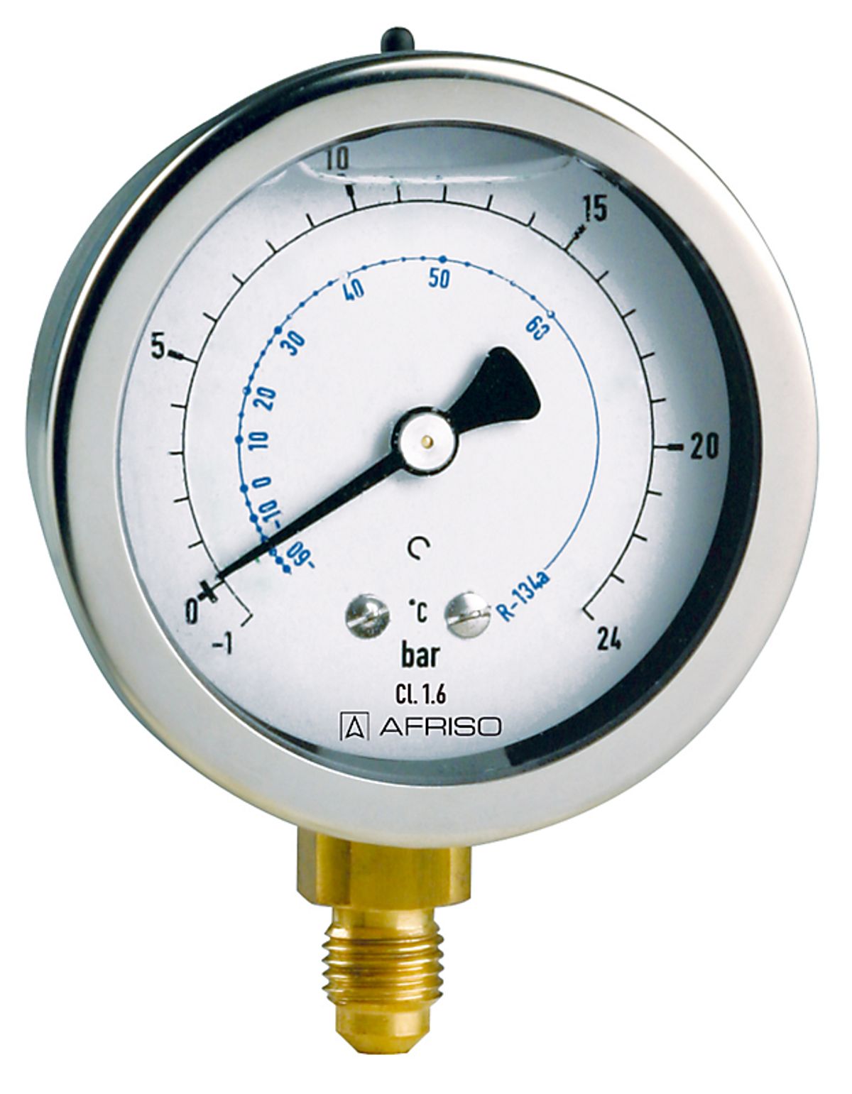 Afriso manometer Ø80 R134a HT Køl. RF080KT GLY-D711, UNF 7/16'', Skala -1/+30 bar