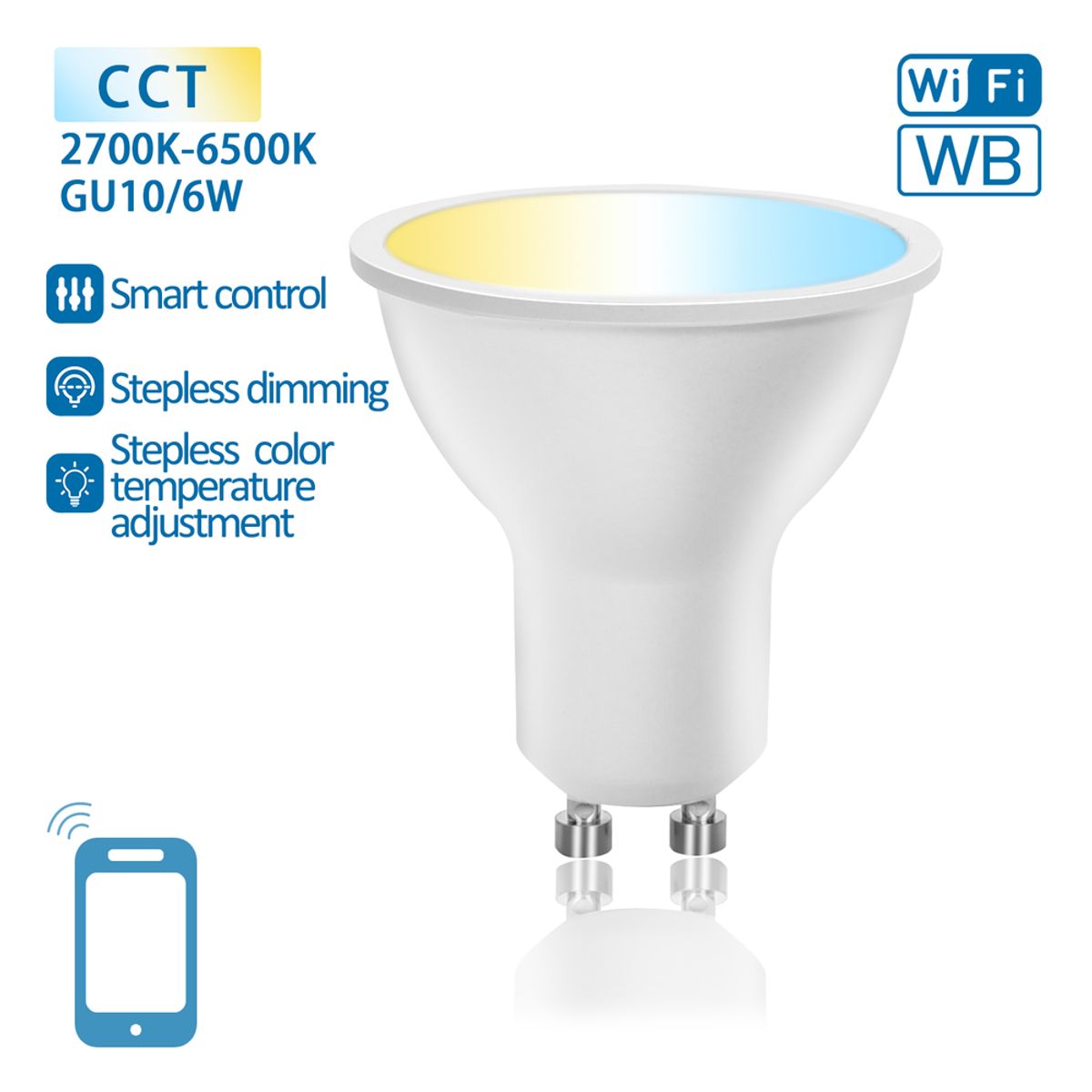 Aigostar SMART WiFi/BT, GU10 LED Pære 6W, CCT 2700K-6500K - 120°