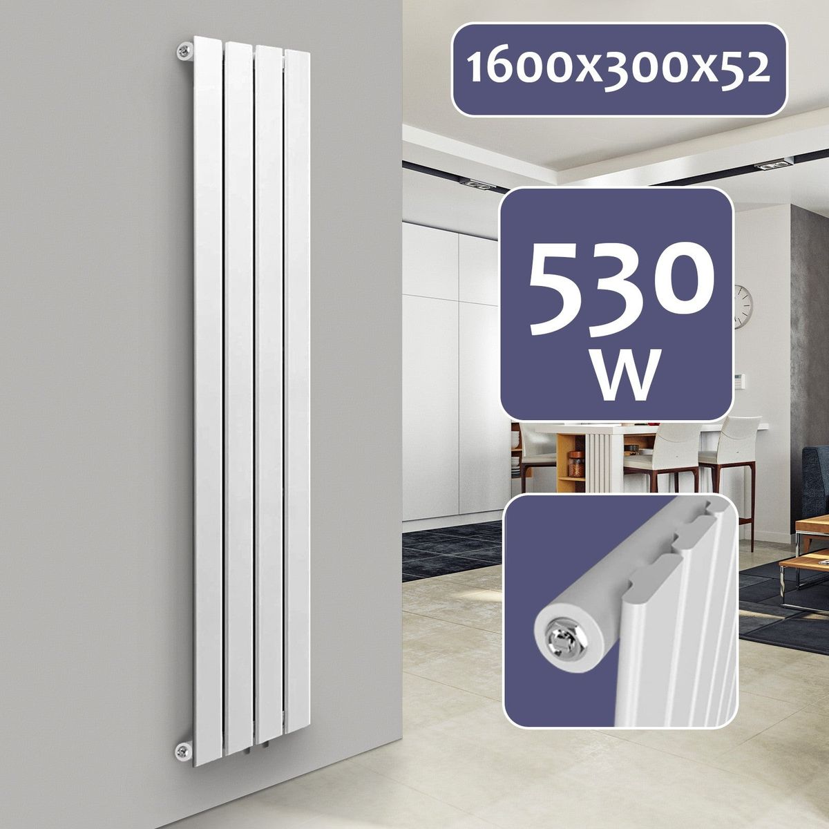 Aquamarine ® Design Radiator - Lodret, Enkeltlag, 4 Segmenter, 1600x300x52 mm, hvid