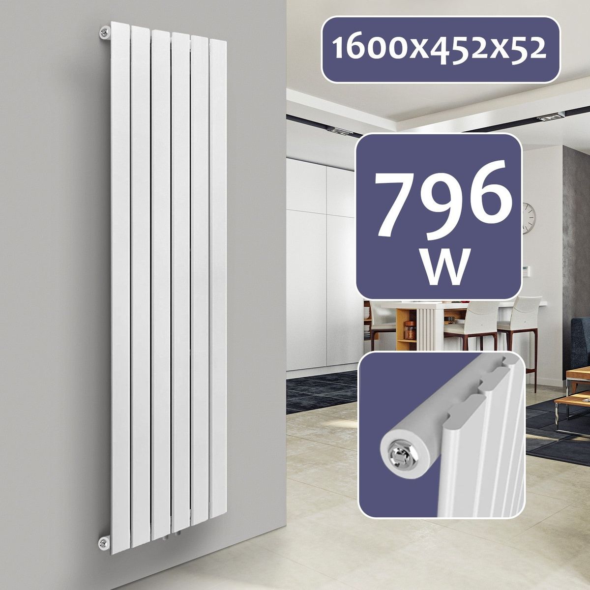 Aquamarine ® Design Radiator - Lodret, Enkeltlag, 6 Segmenter, 1600x452x52mm, hvid