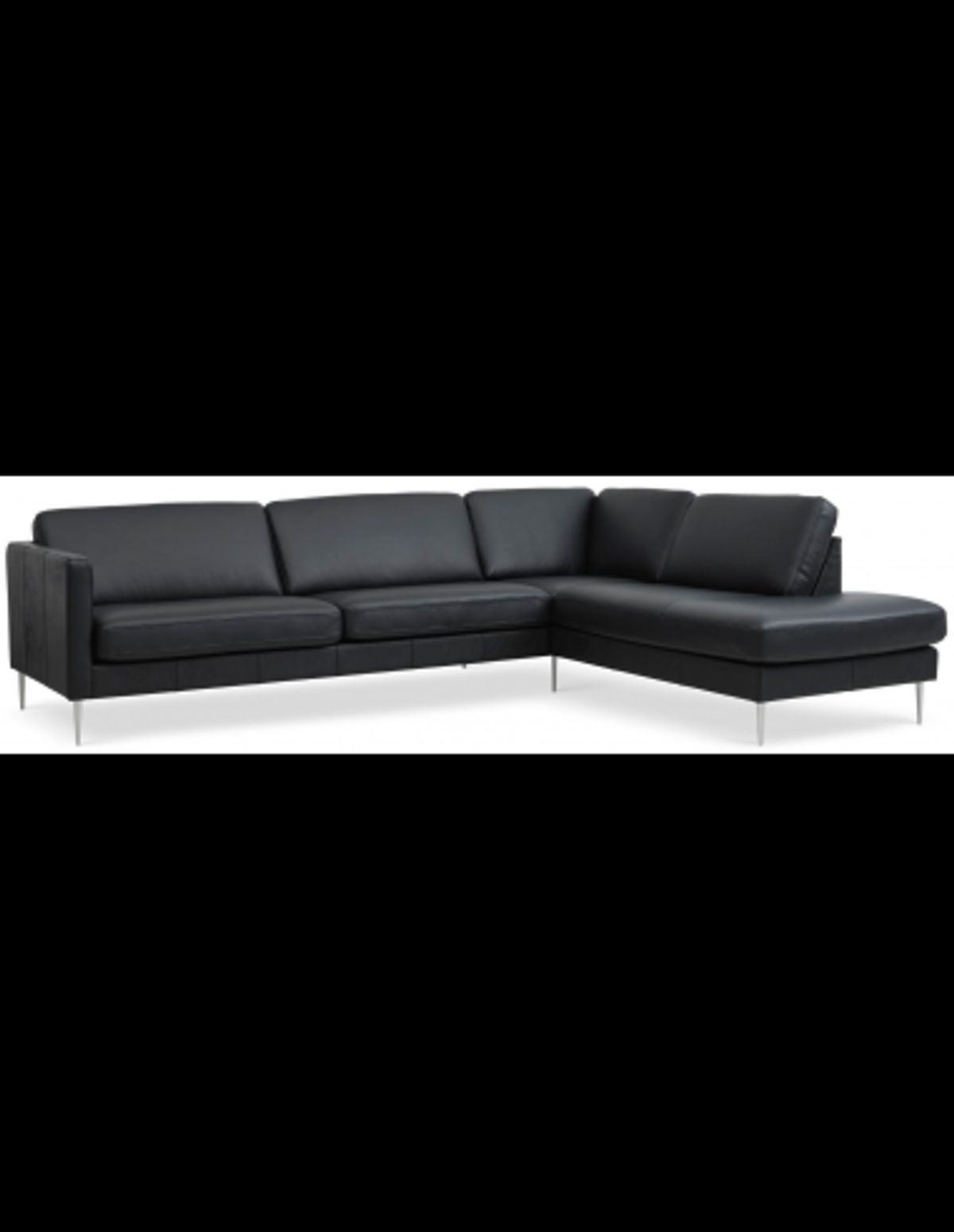 Askset højrevendt chaiselongsofa i semi-anilin læder B291 x D219 cm - Børstet alugrå/Sort