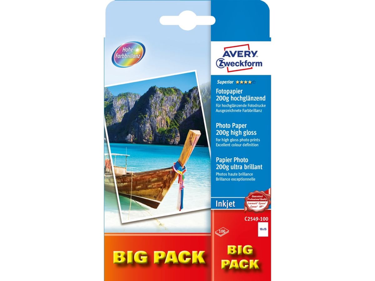 Avery Fotopapir Glossy Inkjet 10x15 cm 200g. 100 stk