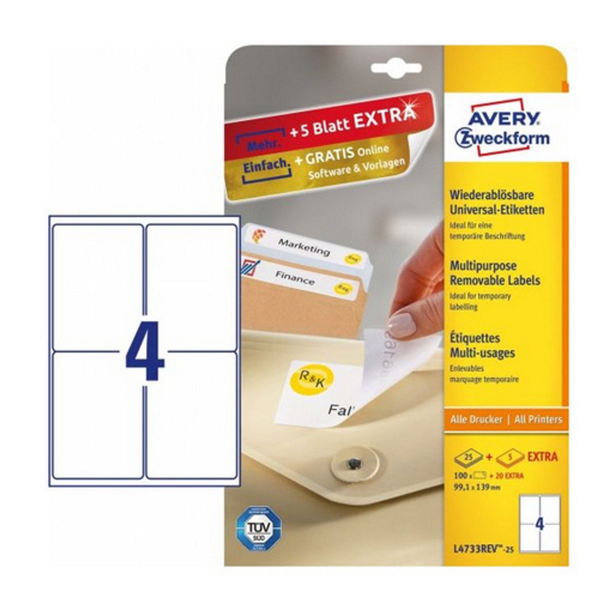 Avery L4733REV-25 Aftagelige universaletiketter 100stk + 20 ekstra