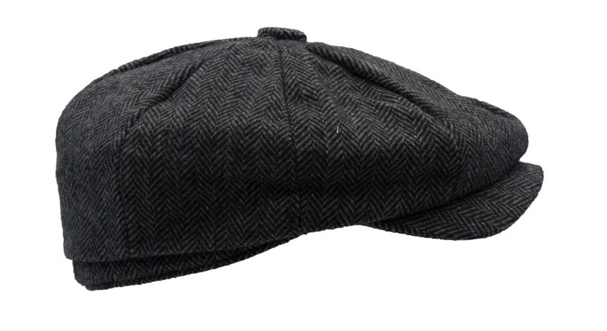 Bakerboy hat, grå herringbone uldmix - S - 57 cm