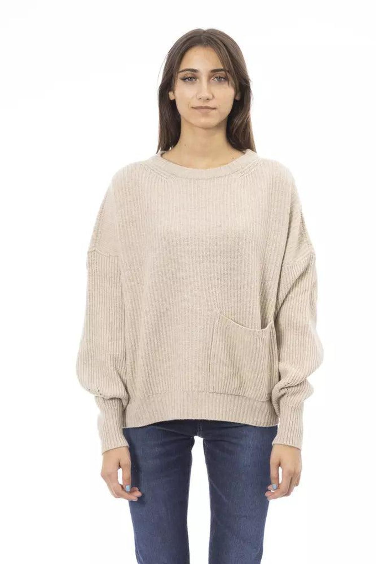 Baldinini Trend Chic Beige Crew Neck Cashmere Blend Sweater