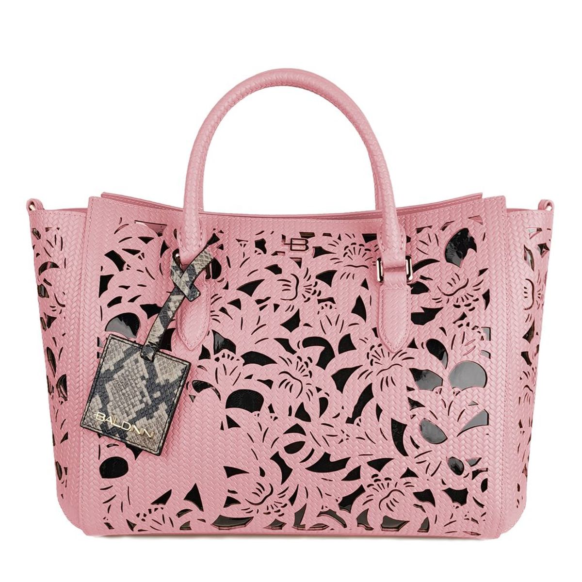 Baldinini Trend Chic Pink Calfskin Håndtaske with Floral Accents