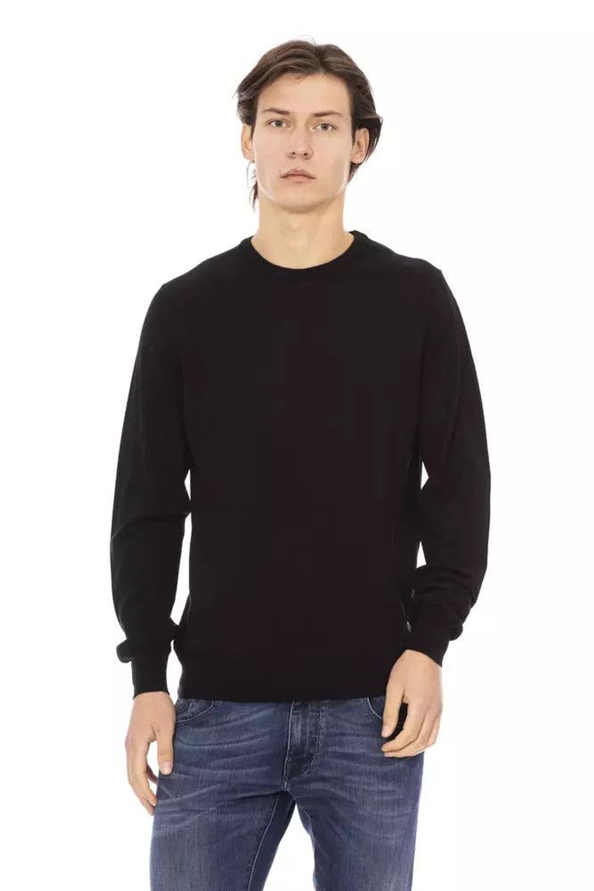 Baldinini Trend Sleek Black Monogrammed Crewneck Sweater