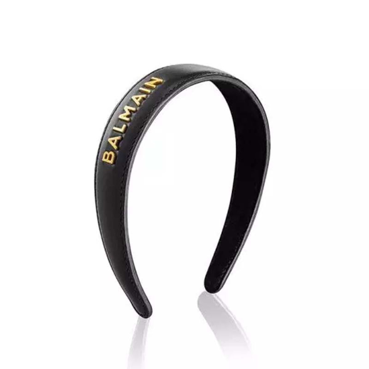 Balmain Black Leather Headband with Gold Plated Logo