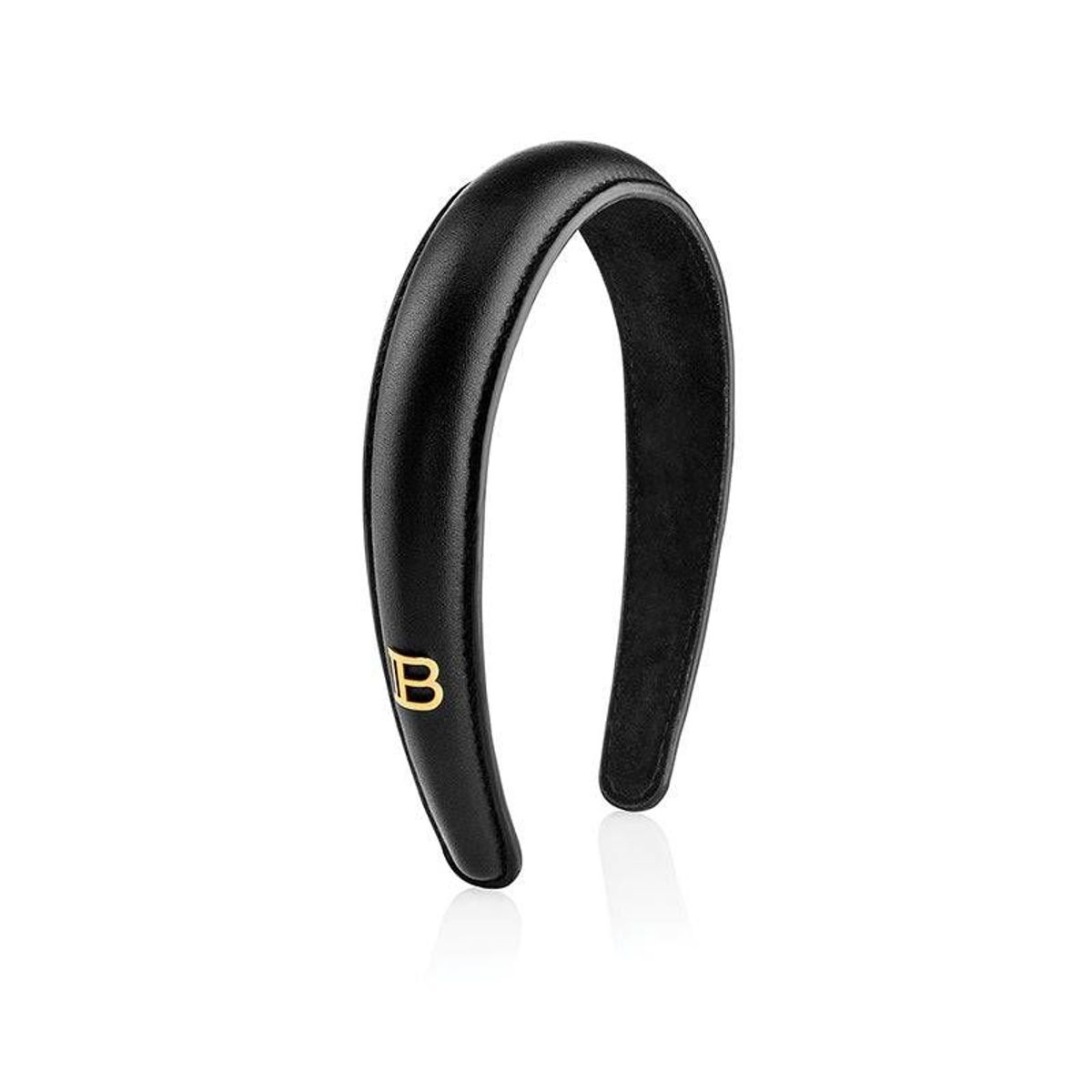 Balmain Black Leather Puffed Headband with Gold Plated Logo