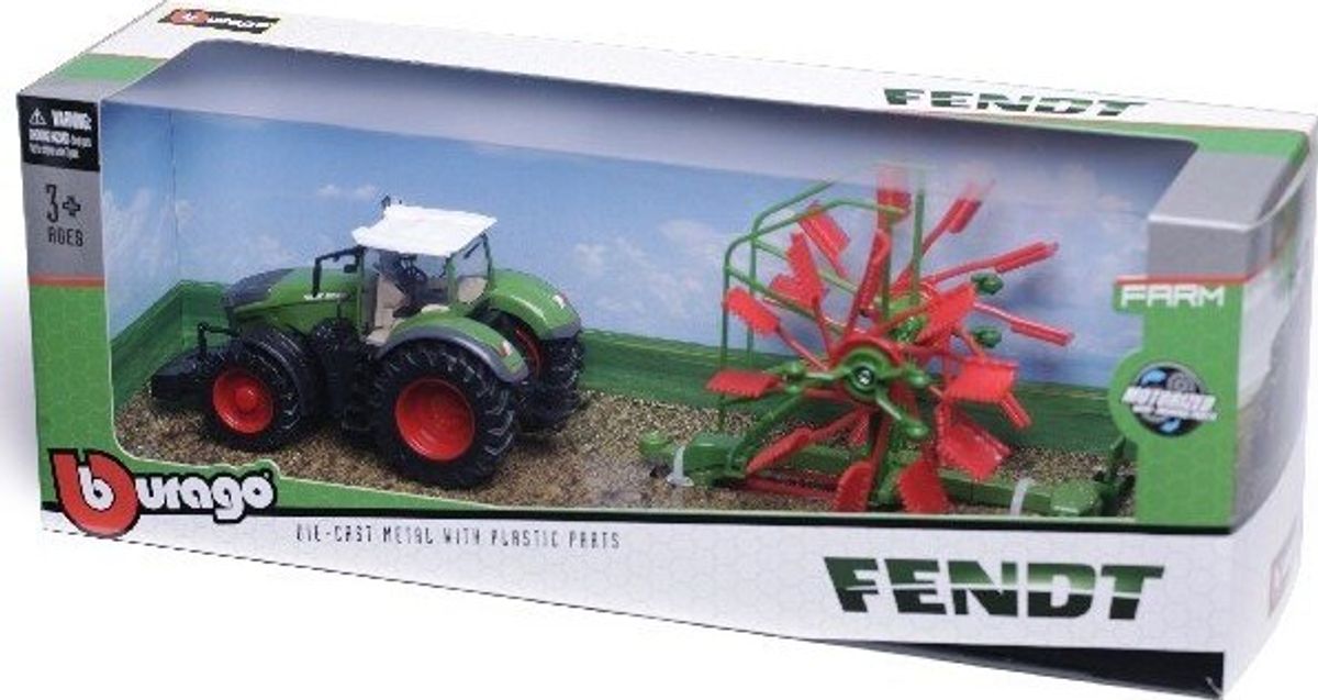 Bburago - Fendt Traktor Med Hvirvelrive - Die-cast Metal - 10 Cm