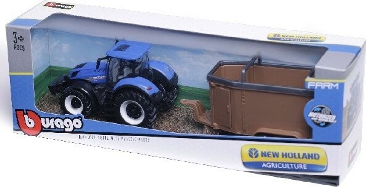 Bburago - New Holland Traktor Med Trailer - Die-cast Metal - 10 Cm