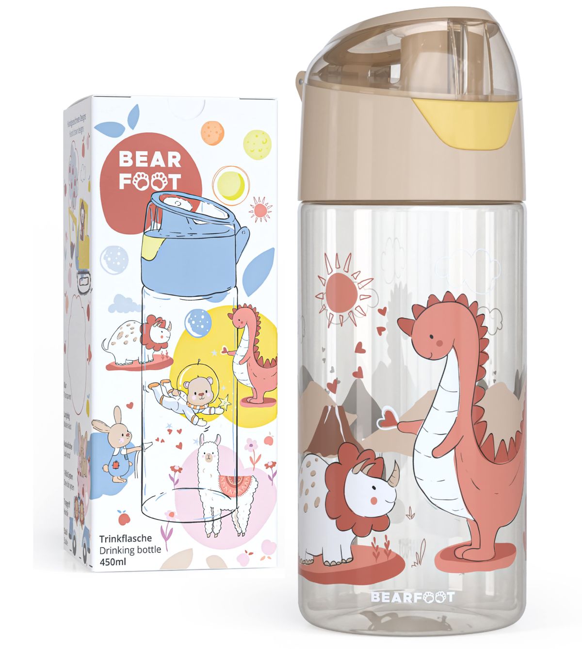 BEARFOOT Letvægts Drikkedunk Med Hank og Nem Åbning - 450 ml - Dinosaurus Venner