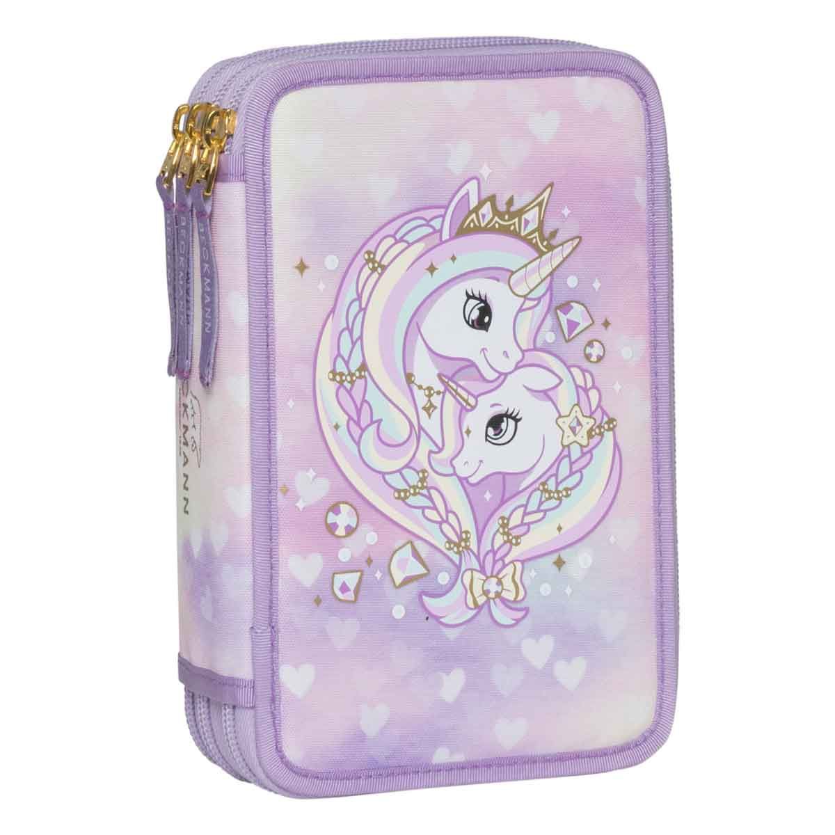 Beckmann 3-zip penalhus m/indhold Unicorn Princess Purple