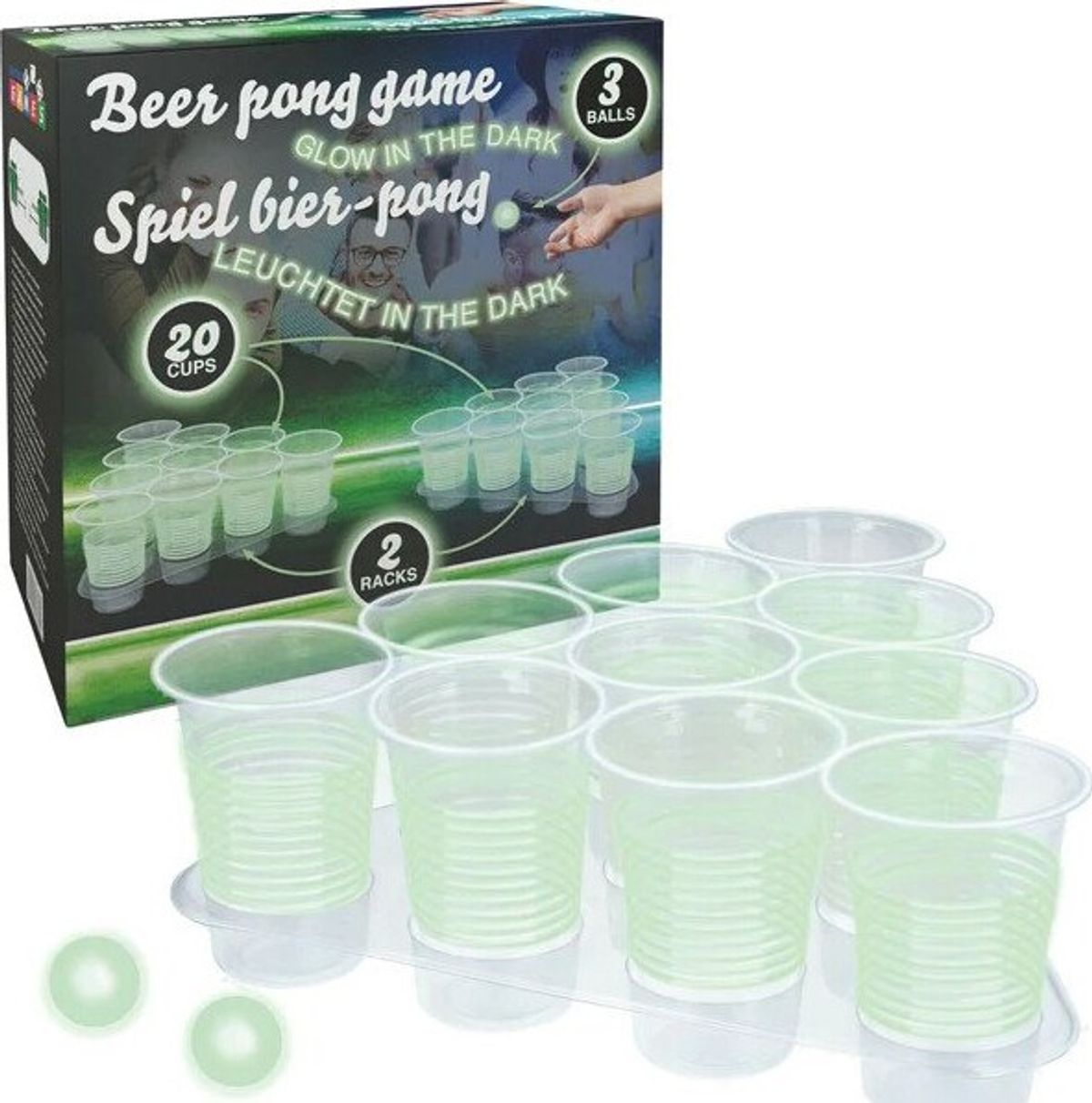 Beer Pong Sæt - Glow In The Dark - 20 Krus Og 3 Bolde