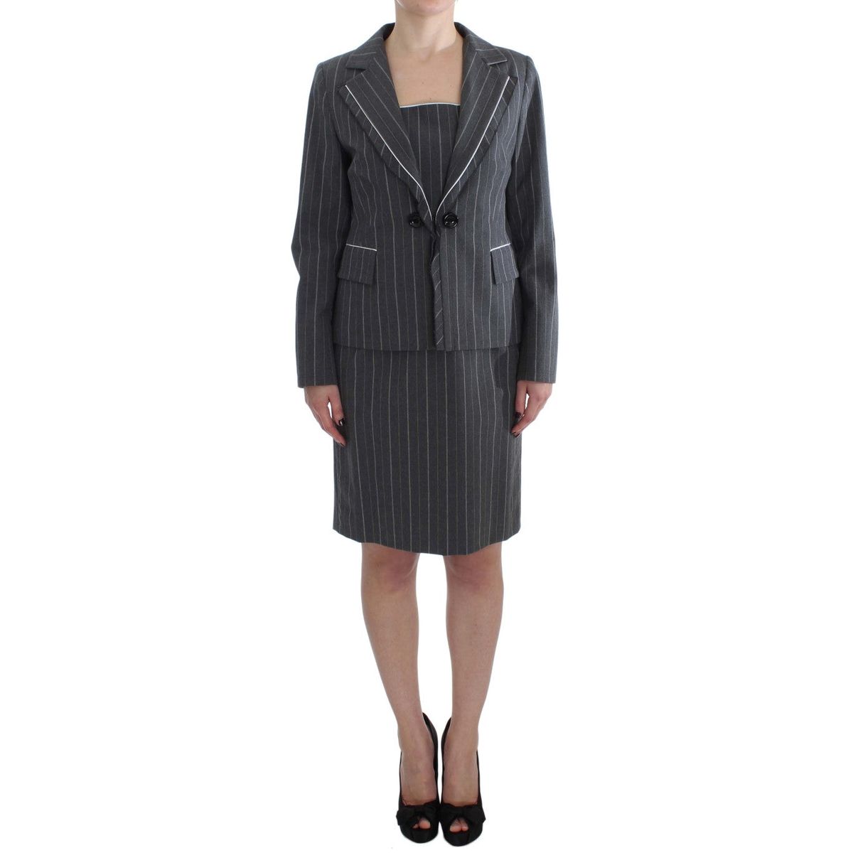 BENCIVENGA Elegant Gray Striped Dress & Blazer Suit Set