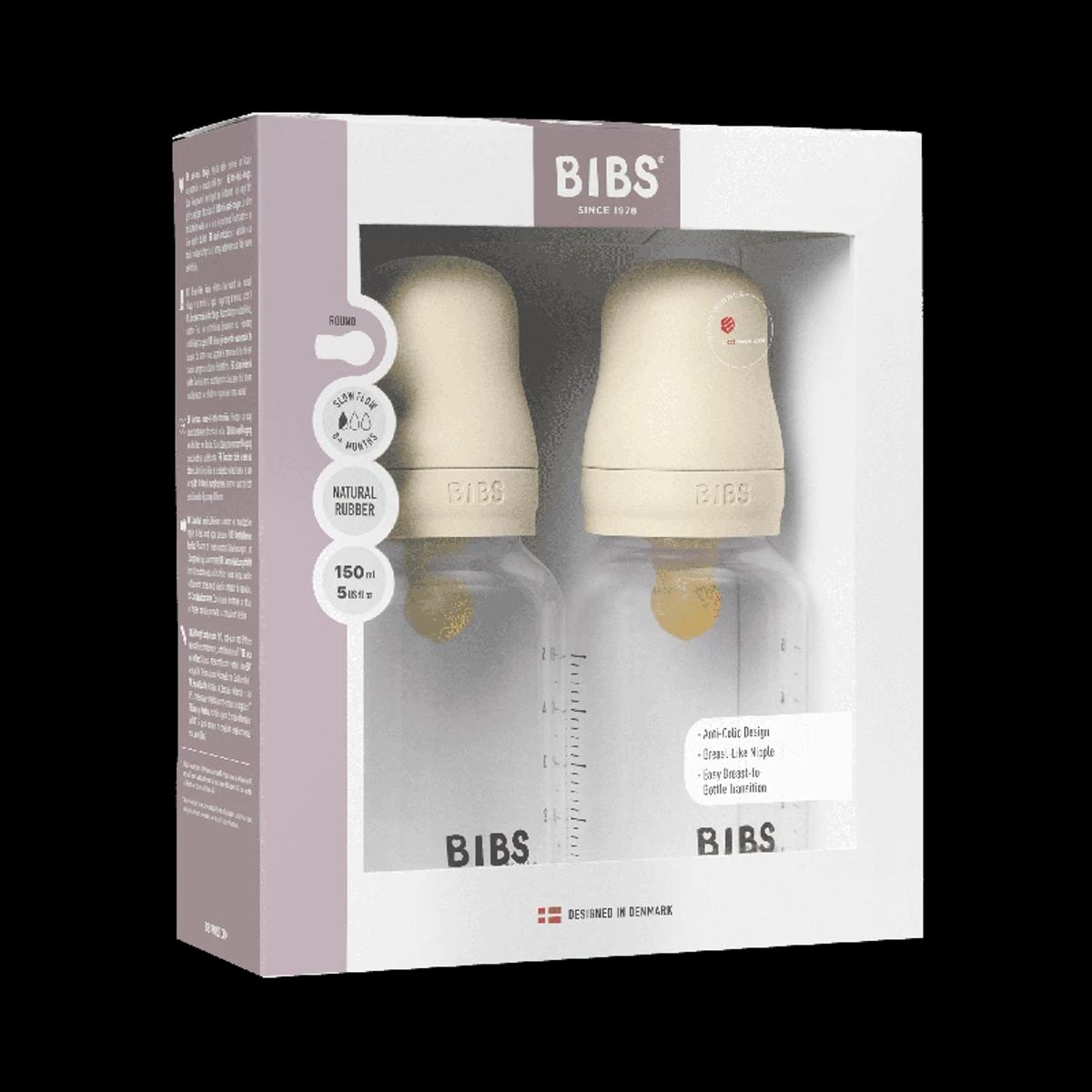 Bibs Baby Flaske Rund Latex 2 Pack 150 ml Slow Flow Ivory