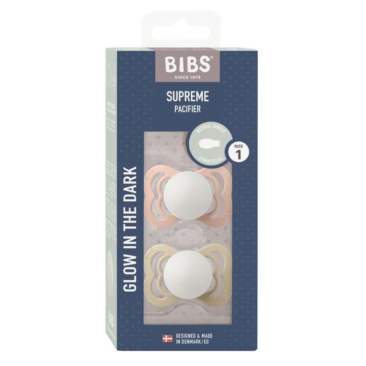 BIBS Supreme Sut - 2-Pak - Str. 1 - Naturgummi - GLOW - Blush/Vanilla