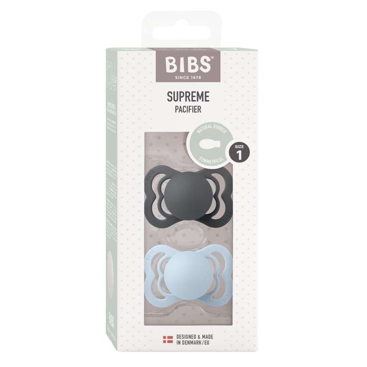 BIBS Supreme Sut - 2-Pak - Str. 1 - Naturgummi - Iron/Baby Blue