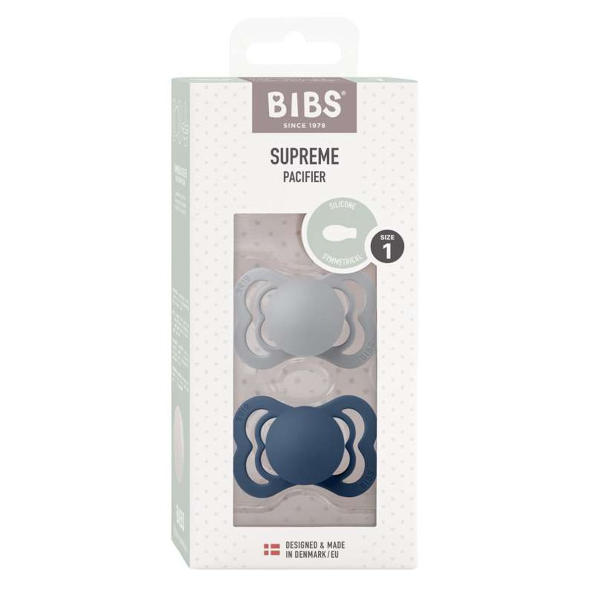 BIBS Supreme Sut - 2-Pak - Str. 1 - Silikone - Cloud/Steel Blue