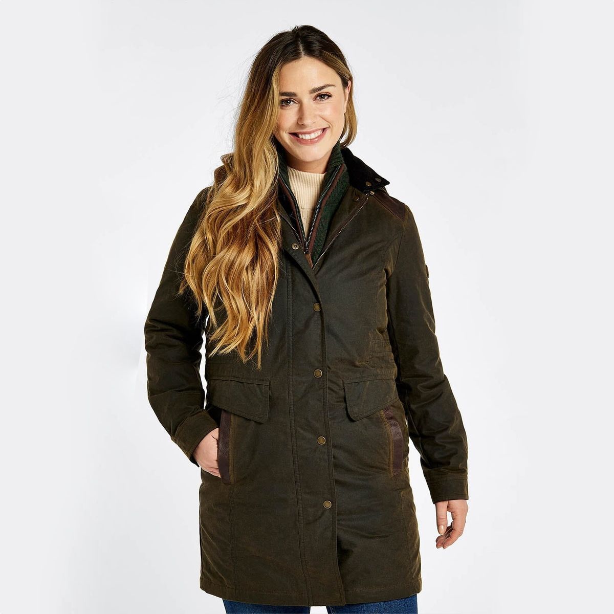 Blacklion Ladies LONG Waxed Jacket PRIMALOFT foret, Oliven - 34 (UK8)