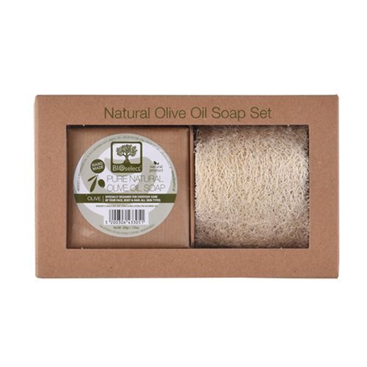 Bloselect Set Handmade Olive Oil Soap + Raw Loofah, 1pk.