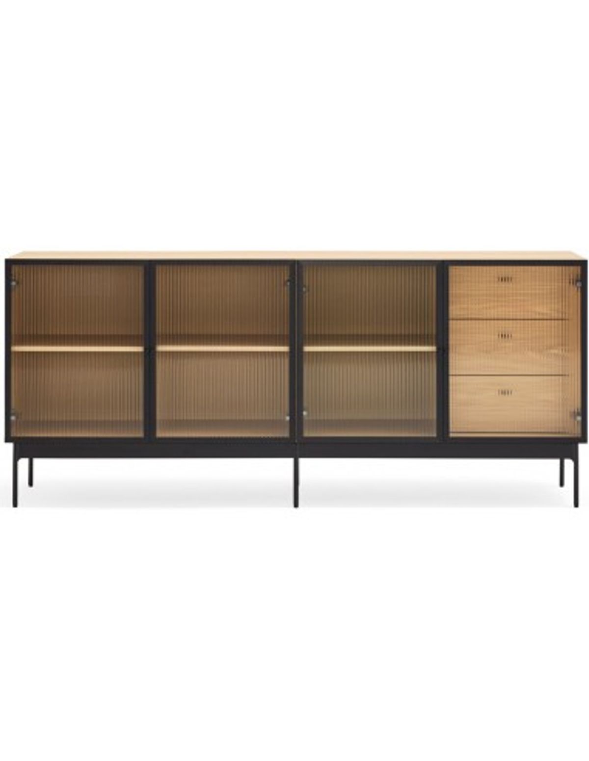 Blur sideboard i metal og mdf finér B180 cm - Sort/Eg/Klar rillet