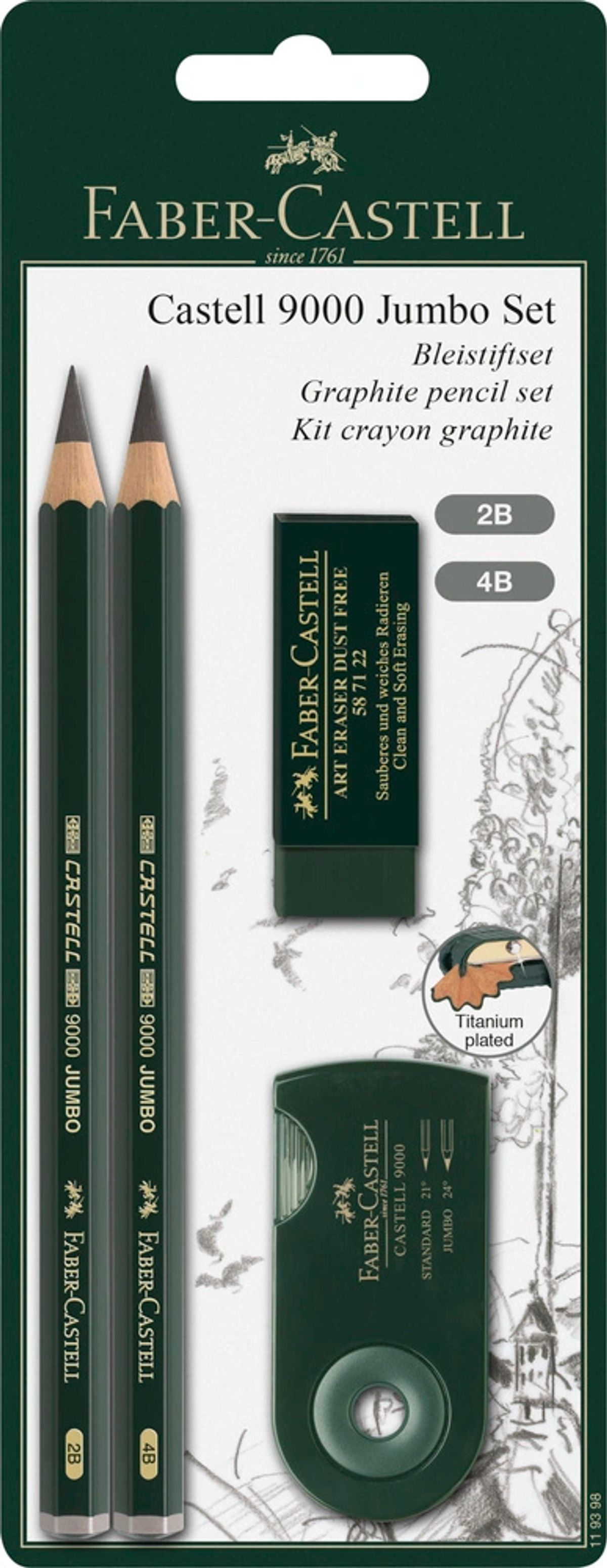 Blyant sæt pitt Faber-Castell 9000 jumbo 2 ass spidser+visk.