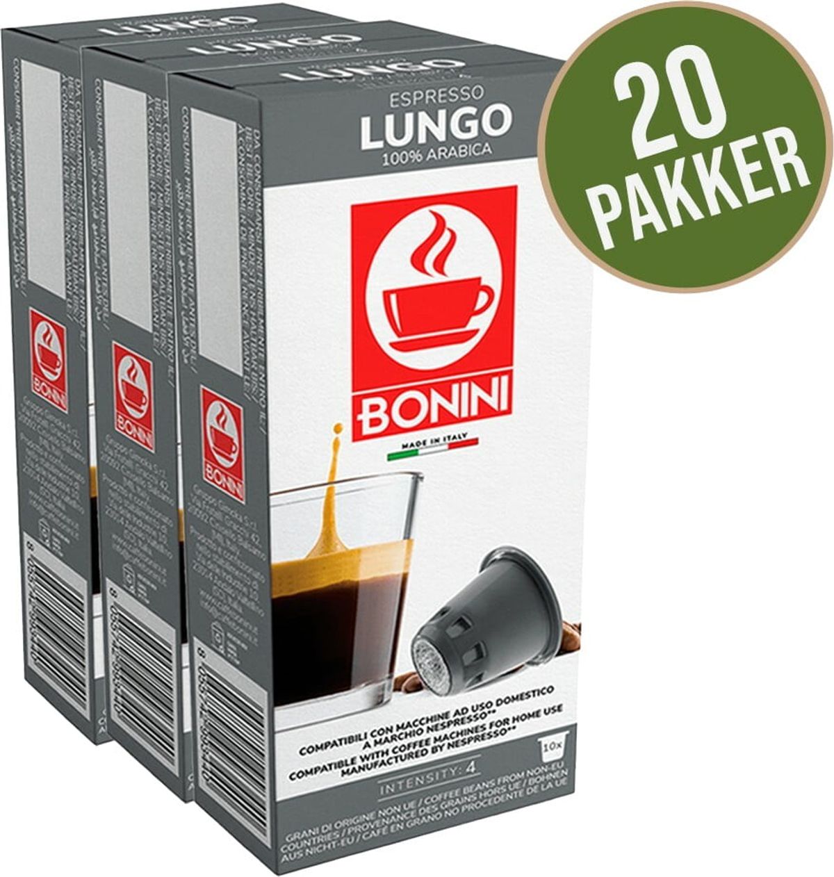 Bonini - Lungo Hverdagspakke (200 stk) - Kapsler til Nespresso