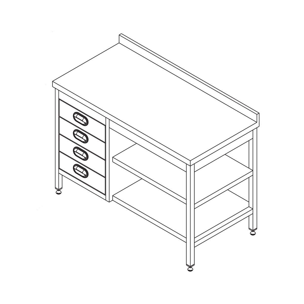 Bord i rustfrit stål med bagplade - 4 skuffer - 2 hylder - 120 x 70 cm