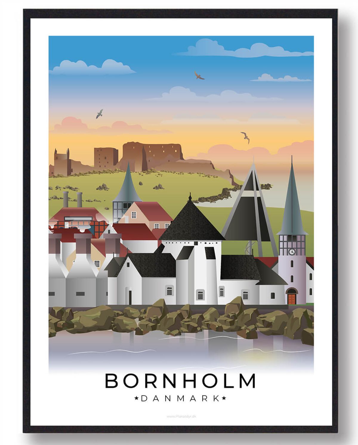 Bornholm byplakat med hvid kant (RESTPARTI) (Størrelse: XL - 70x100cm)