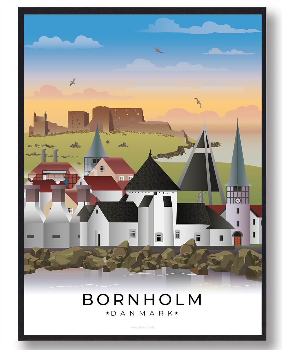 Bornholm byplakat (RESTPARTI) (Størrelse: L - 50x70cm (B2))