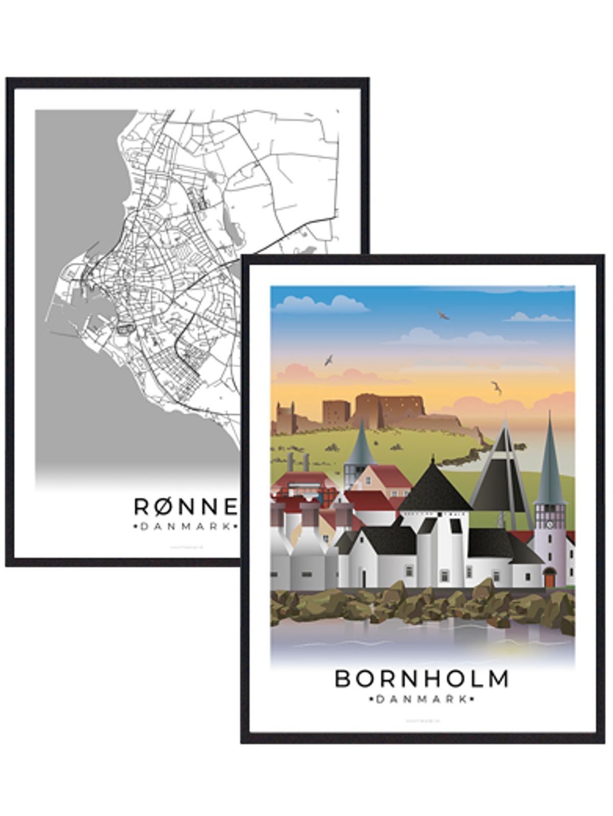 Bornholm og Rønne byplakatsæt (Størrelse: M - 30x40cm)