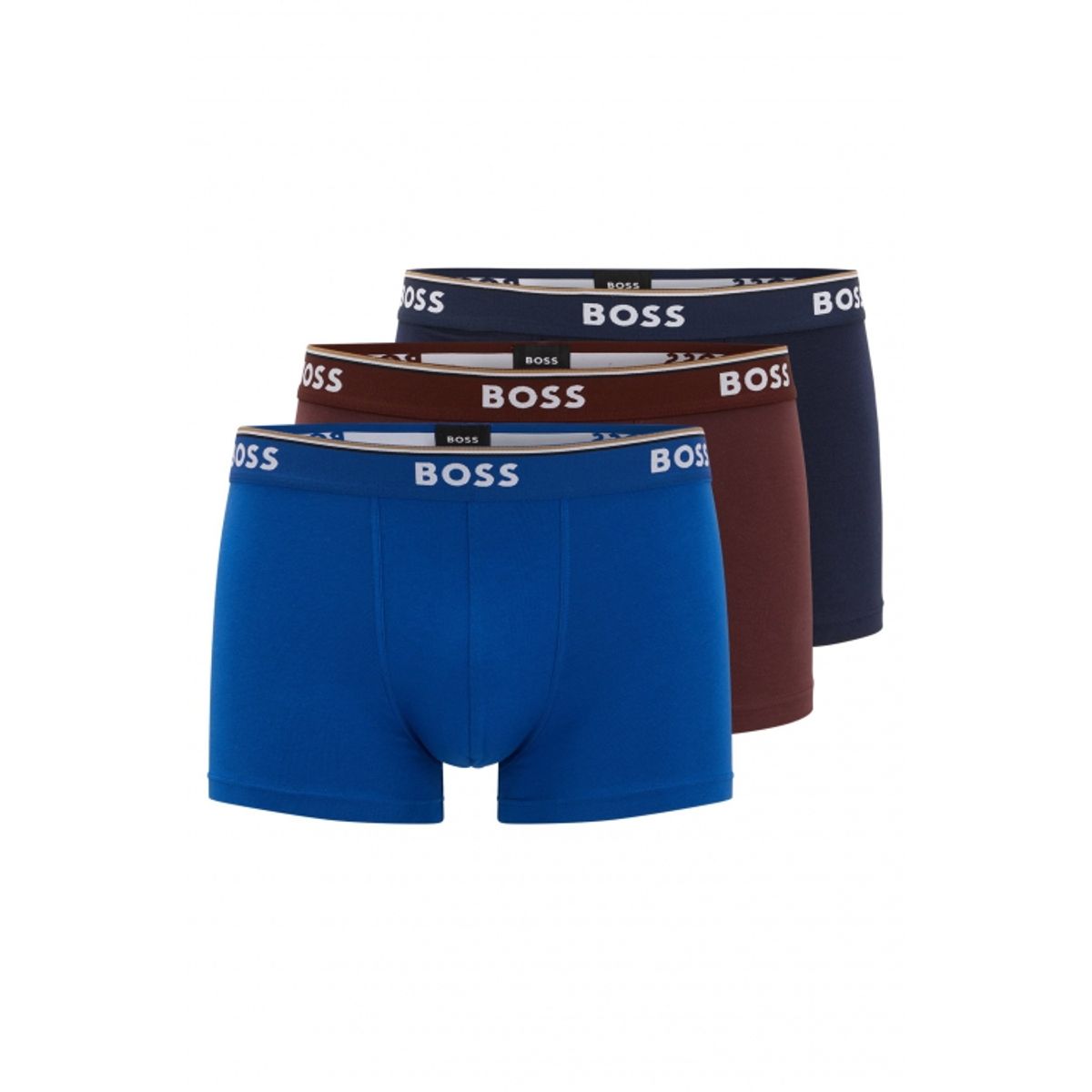 BOSS 3pak underbukser/boksershorts med stræk og logo-linning i blå, bordeauxrød & navy til herre.