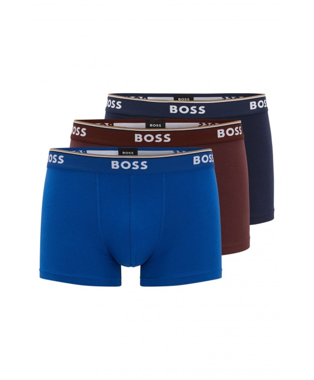 BOSS 3pak underbukser/boksershorts med stræk og logo-linning i blå, bordeauxrød & navy til herre.