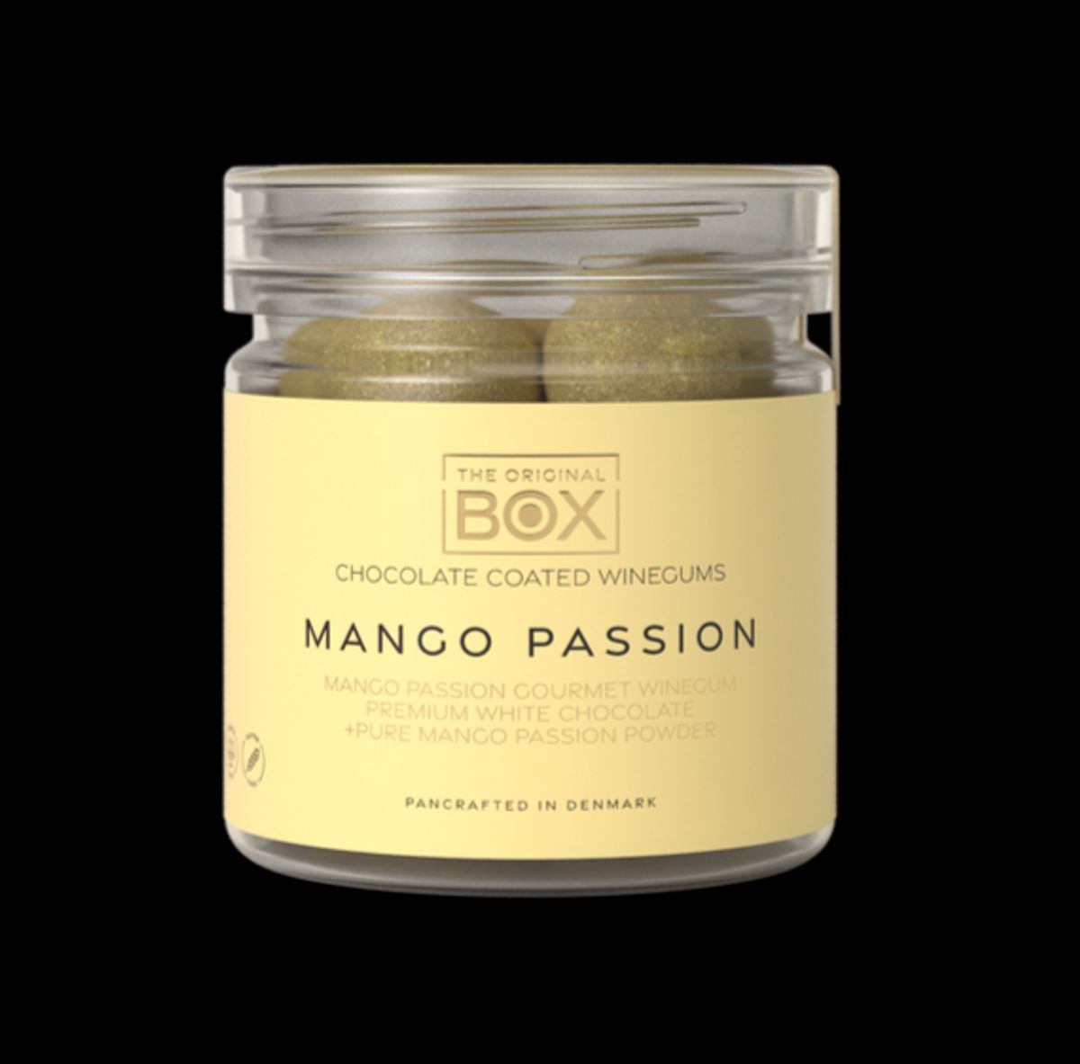 Box the Original Mango/Passion Vingummi m/chokolade og mango/passionpulver, 115g.