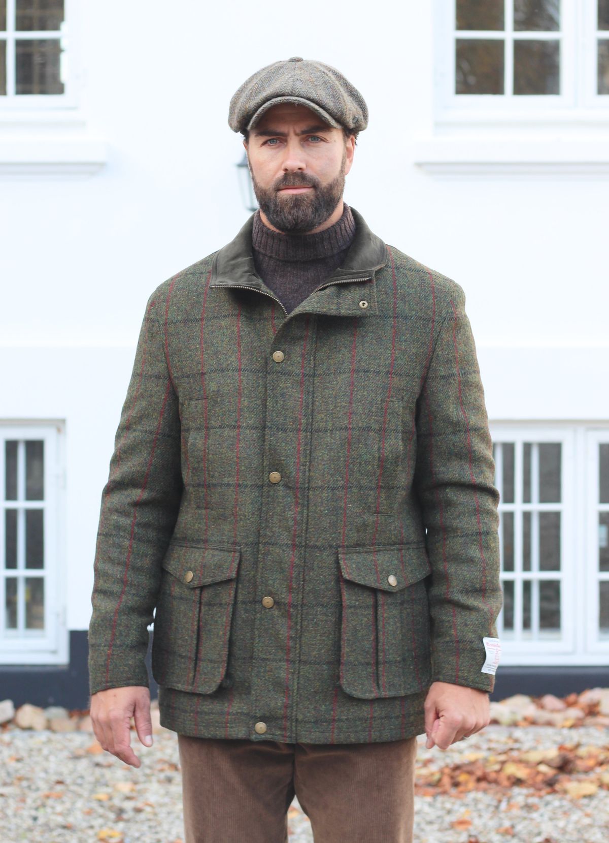 Bristol Field Coat skydejakke Harris Tweed, grøn m. blå/vinrød overtern - 46 (XS)