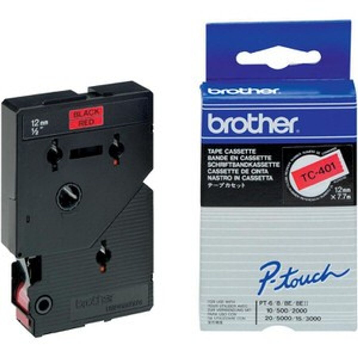 Brother TC401 TC-tape / 12mm./ Sort tekst / Rød tape