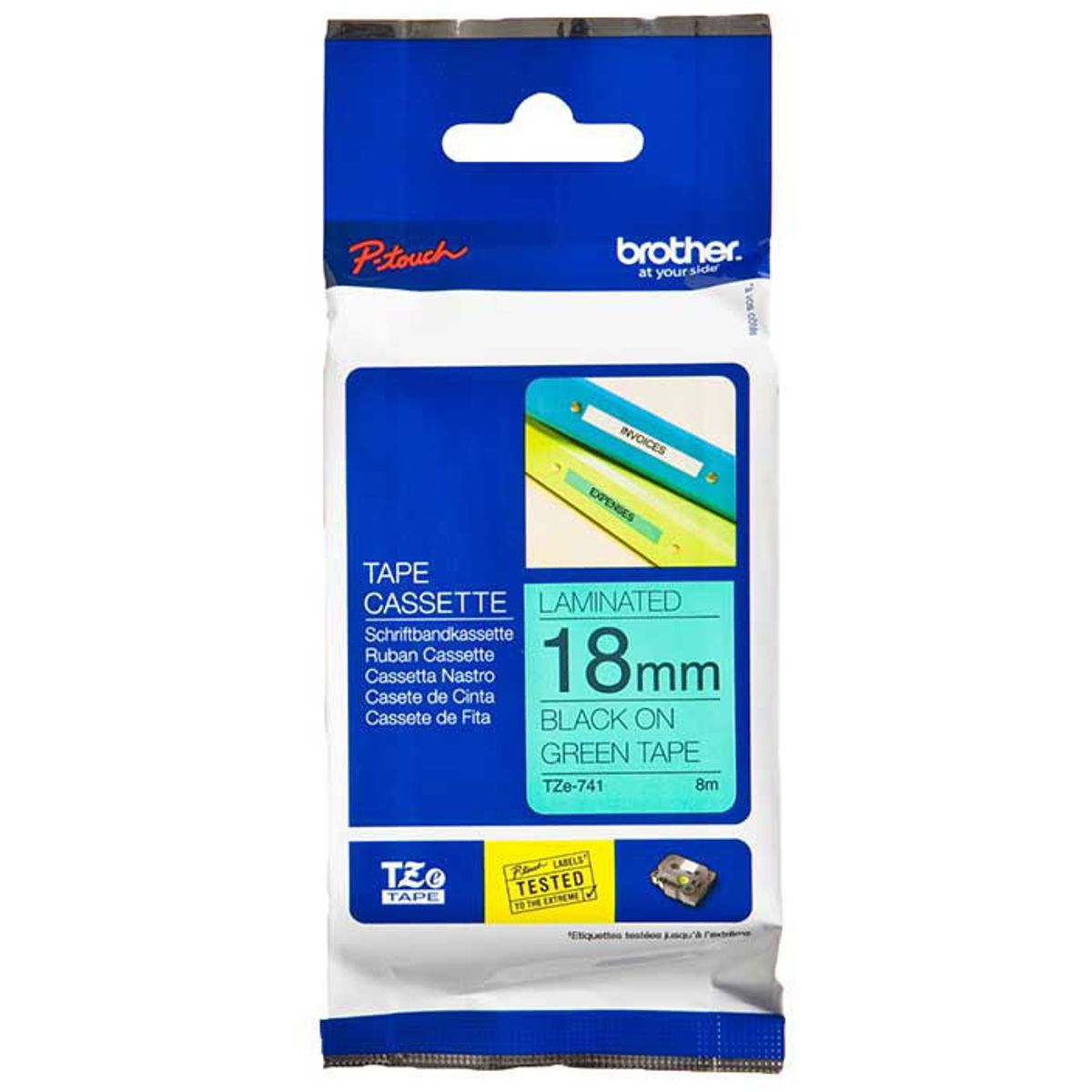 Brother TZe-tape TZE741 sort;gron 18 mm x 8 m