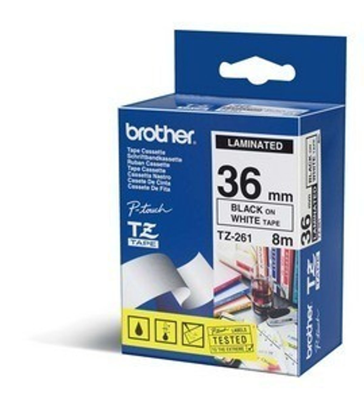 Brother TZE261 tape / 36 mm. / Sort Tekst / Hvid Tape