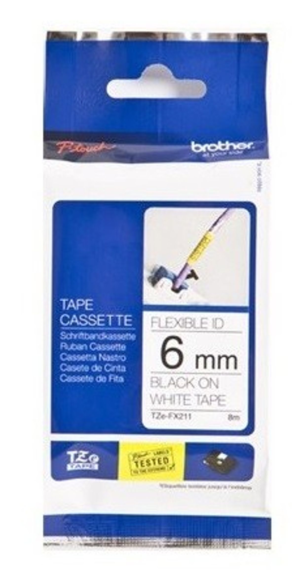 Brother TZEFX211 TZ-tape / 6mm / Sort Tekst / Hvid Tape