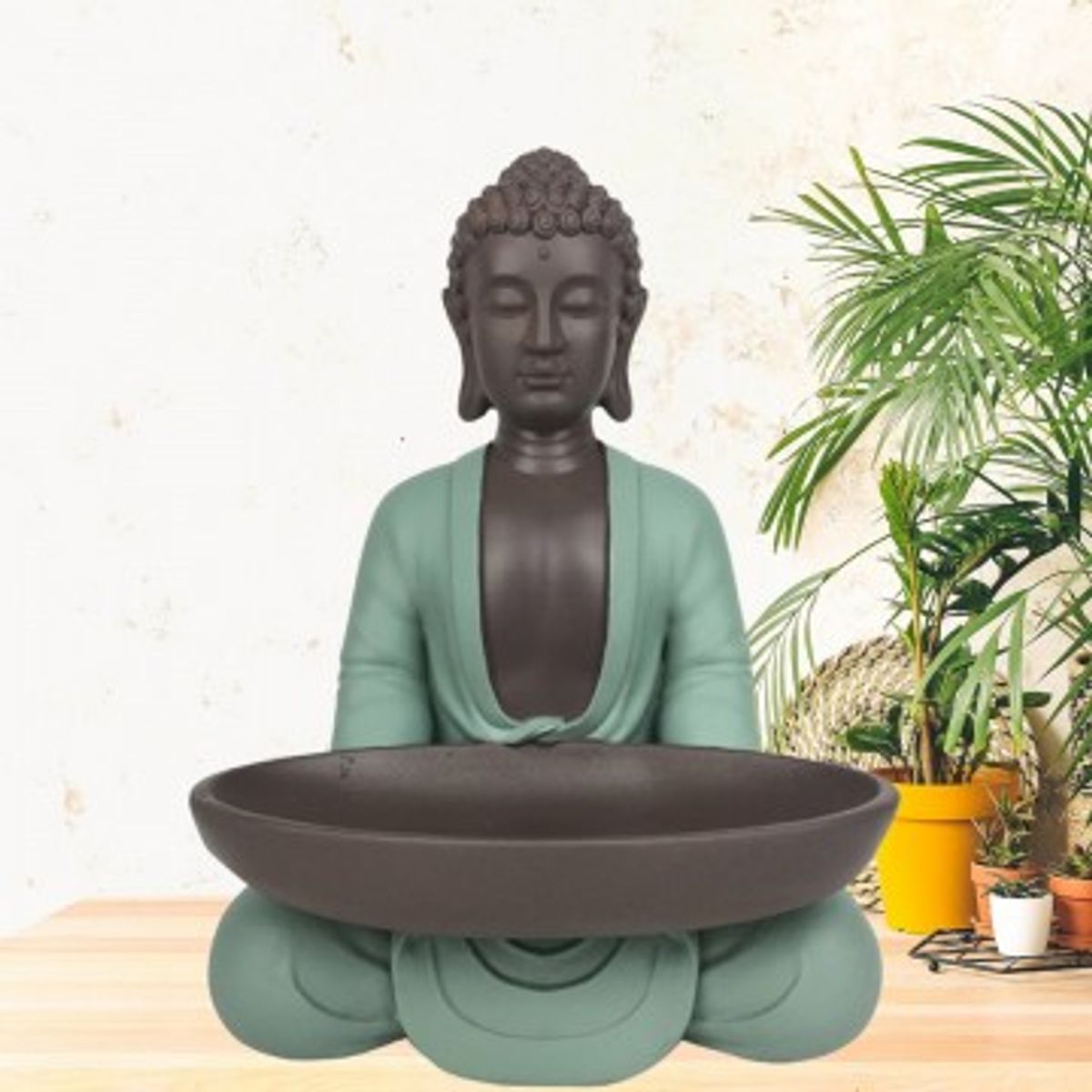 Buddha grøn m. fad - Buddha statuer generelt - GodKarmaShop