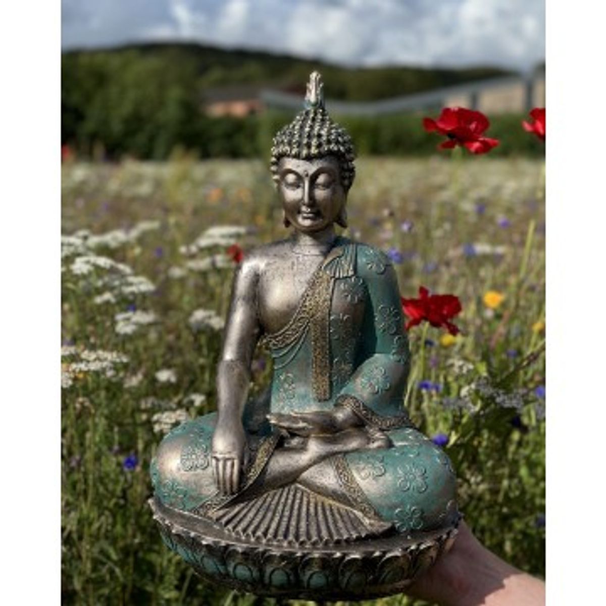 Buddha i turkis/grøn med glimmer - Buddha statuer generelt - GodKarmaShop