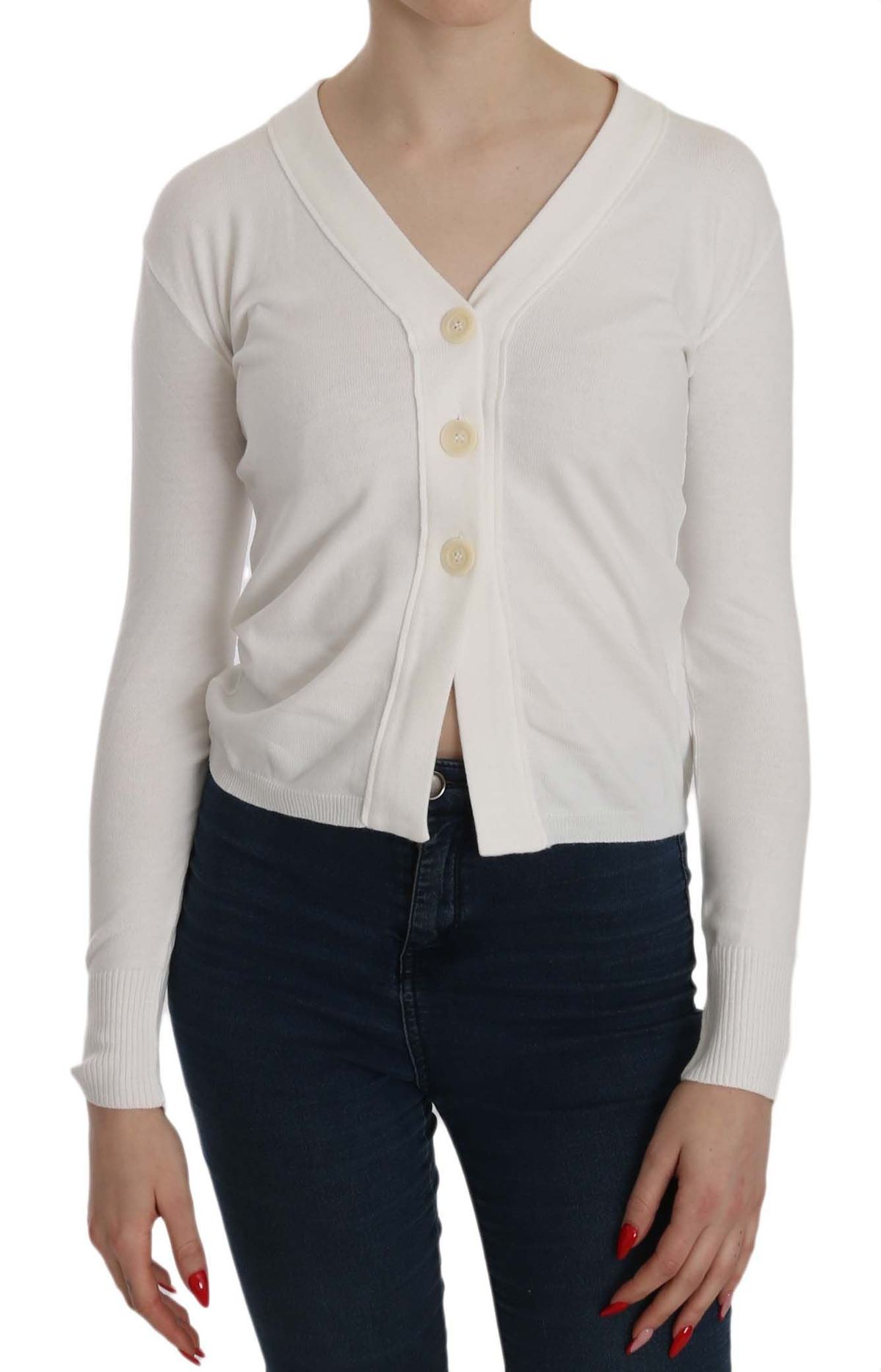 BYBLOS Elegant White V-Neck Cropped Cardigan Blouse