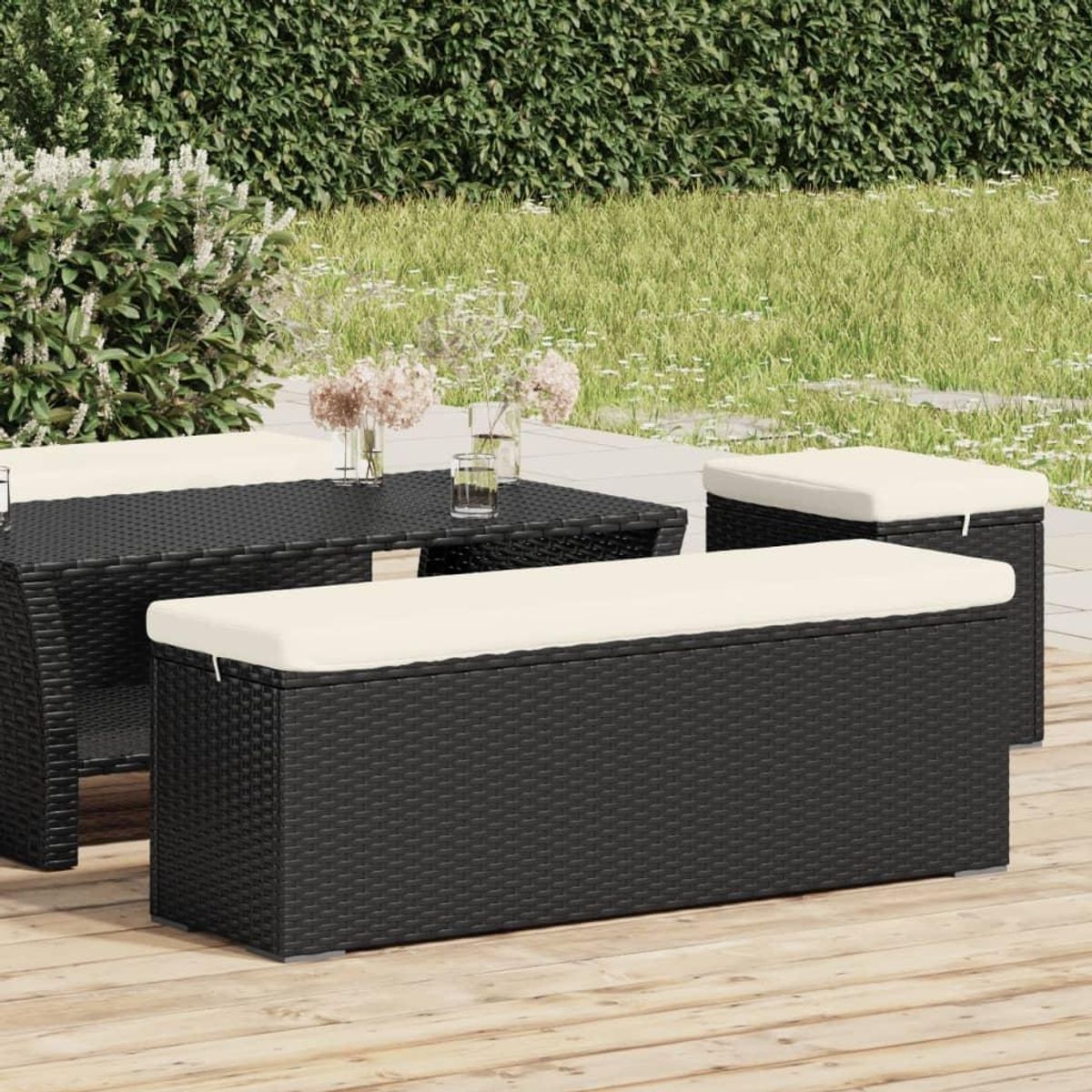 Bænk med hynde 110x30x40 cm polyrattan sort