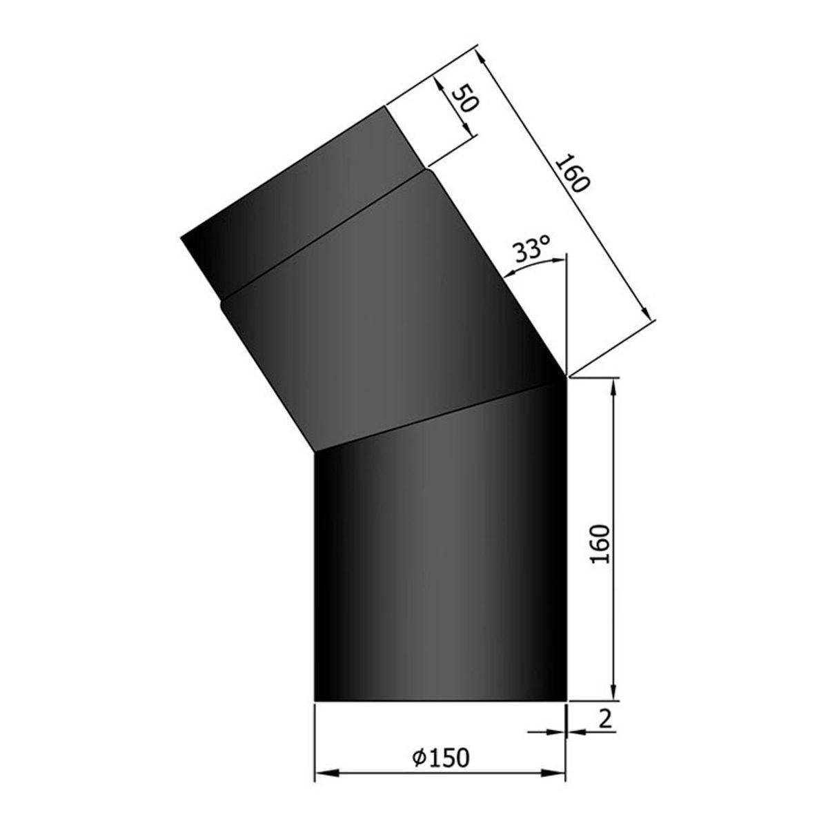 Bøjning 11-45 gr. Ø150mm - Sort - 33 grader