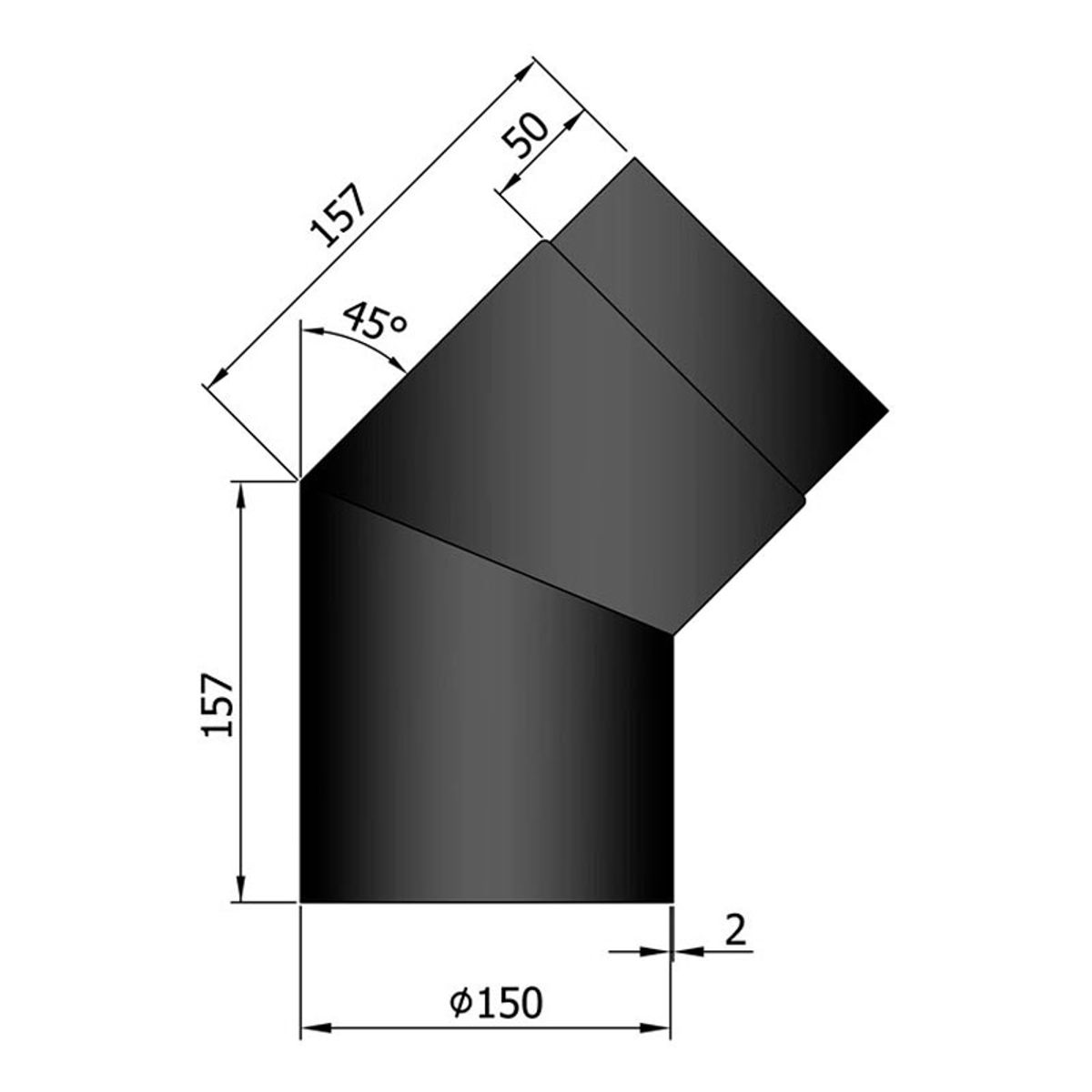 Bøjning 11-45 gr. Ø150mm - Sort - 45 grader