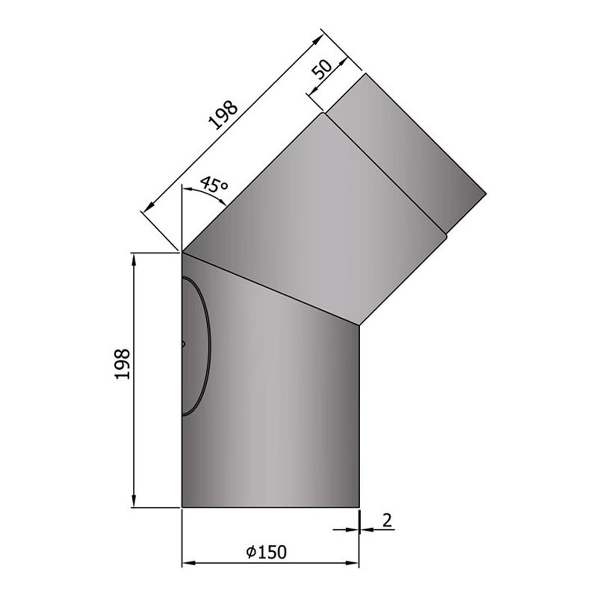 Bøjning m. Dør Ø150 mm - Grå - 45 grader