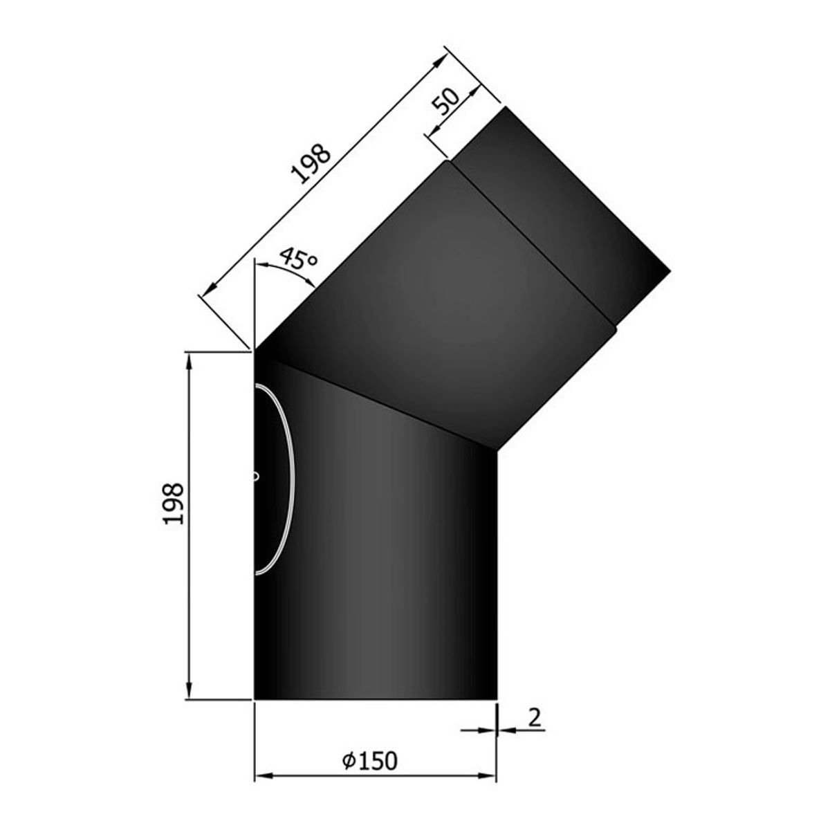 Bøjning m. Dør Ø150 mm - Sort - 45 grader