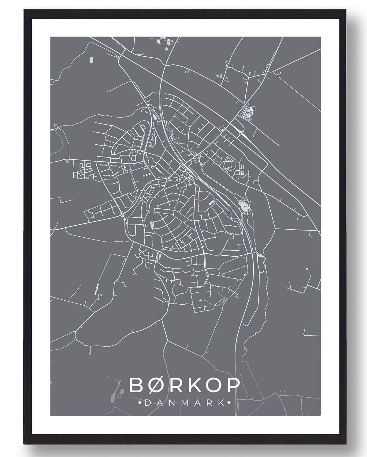 Børkop by plakat - grå (Størrelse: L - 50x70cm (B2))